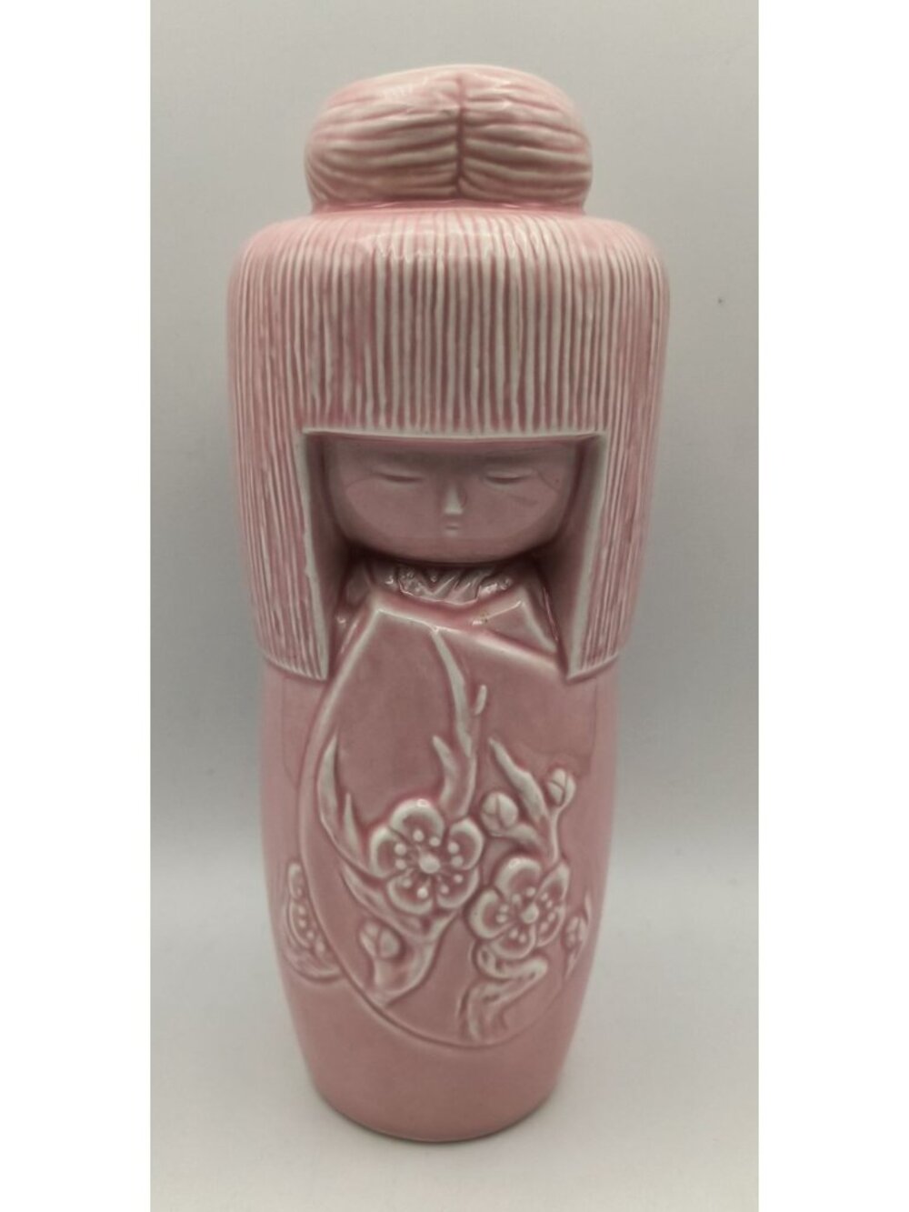 Plum Gekkeikan Kokeshi Decanter Japanese Folk Art Pink Ceramic 1960s Collectible
